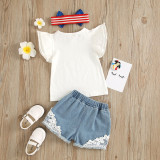 Toddler Kid Girl Ruffles White Blouse Tops and Lace Jean Shorts Summer Set