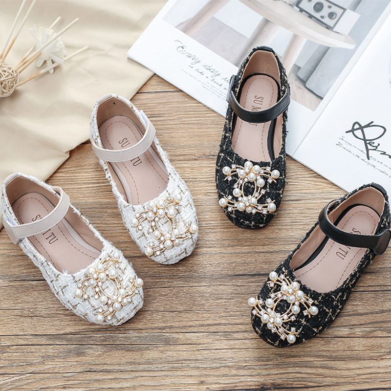 Toddler Girls Jewelry Pearls Soft Soled Girl Flat Dress Shoes
