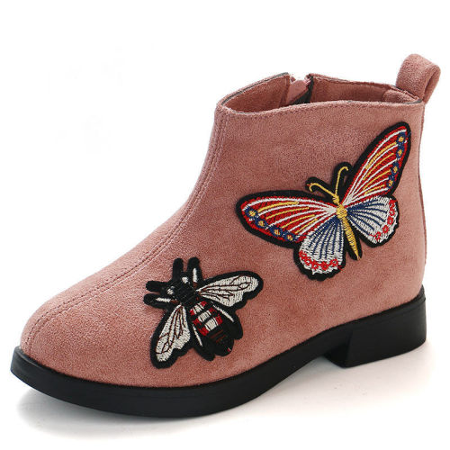 Toddler Kids Girl Suede Embroidery Butterfly Ankle Boots