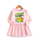 Toddler Girl Yellow Pikachu Princess A-line Long-Sleeved Mesh Dress