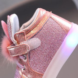 Toddler Kids Girls LED Light Bright Leather Pearls Pompom Rabbit Ear Sneakers Shoes