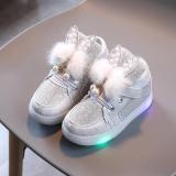 Toddler Kids Girls LED Light Bright Leather Pearls Pompom Rabbit Ear Sneakers Shoes