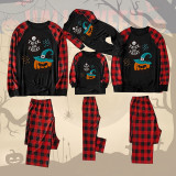Halloween Family Matching Sleepwear Pajamas Trick Or Treat Slogan Pumpkin Skull Pattern Tops And Plaids Pants
