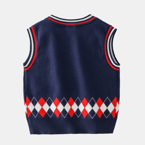 Toddler Boys Letter Vest V Neck Knit Plaid Pullover Sweater