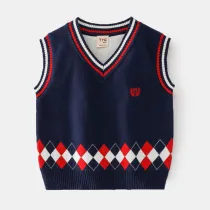 Toddler Boys Letter Vest V Neck Knit Plaid Pullover Sweater
