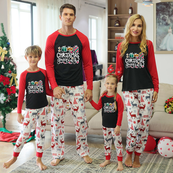 Christmas Family Matching Sleepwear Pajamas Gift Box Slogan Tops And Deer Printing Pants