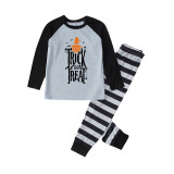 Halloween Family Matching Sleepwear Pajamas Trick Or Treat Slogan Pumpkin Printing Tops And Stripes Pants