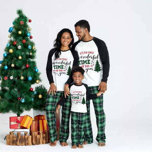 KidsHoo Exclusive Design Baby Toddler Boys Girls Christmas Sleepwear Pajamas Sets Most Wonderful Time Slogan Trees Tops And Green Plaids Pants