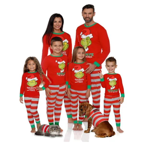 Green Hair Monster Christmas Family Matching Sleepwear Pajamas Sets Red Monster Top and Red Stripes Pants