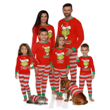 The Grinch Green Hair Monster Christmas Family Matching Sleepwear Pajamas Sets Red Monster Top and Red Stripes Pants