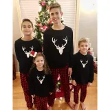 Christmas Family Matching Pajamas White Deer Head and Plaid Pants Black Family Pajamas Sets