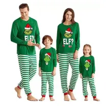 Christmas Family Matching Sleepwear Pajamas Green Elf Slogan Tops And Strips Pants