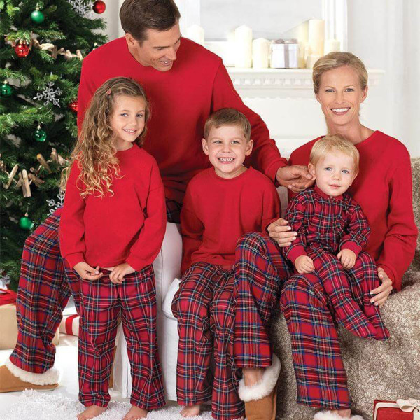 Christmas Family Matching Pajamas Christmas Red Top and Plaids Pant