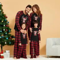 Christmas Family Matching Sleepwear Pajamas Sets Black Deers Plaid Snow Top and Red Pants