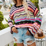 Women Colorful Blocked Knitted Hollow Out Sweater