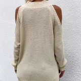 Women Pure Color Off Shoulder Knit Long-Sleeved Thick Needle Round Neck Sweater