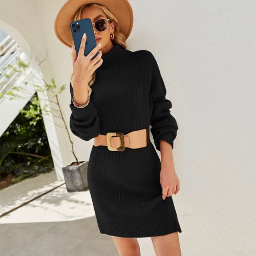 Women Pure Color long Pullover High Neck Knitted Dress