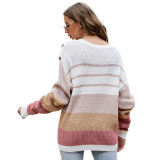 Women Color Matching Crew Neck Knitted Pullover Sweater Tops