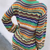 Women Sweater Rainbow Stripe Pullover Mid-Length Sweater