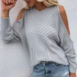 Women Pure Color Off Shoulder Knit Long-Sleeved Thick Needle Round Neck Sweater