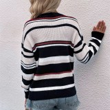 Women Round Neck Striped Knitted Pullover Sweater