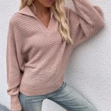 Women V Neck Pure Color Knit Collar Pullover Sweater