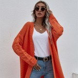 Women Pure Color Medium Length Hollowed Out Knit Cardigan