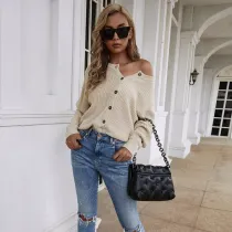 Women V Neck Pure Color Loose Knit Cardigan Sweater with Button