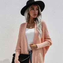 Women Knit Hollow Out Loose Mid Length Cardigan