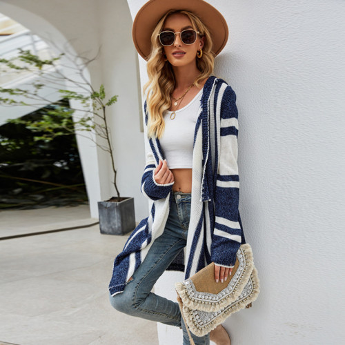 Women Navy and Blue Matching Color Hooded Knitted Long Cardigan Coat