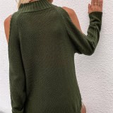 Women Pure Color Off Shoulder Knit Long-Sleeved Thick Needle Round Neck Sweater