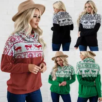 Women Christmas Deers Casual Pullover High Collar Sweatshirt