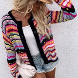Women Striped Sweater Loose Rainbow Knit Sweater Button Cardigan