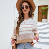 Women Color Matching Crew Neck Knitted Pullover Sweater Tops