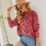 Women Round Neck Red Colourful Knit Pullover Sweater