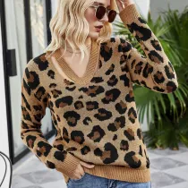 Women V Neck Leopard Knitted Pullover Sweater Tops