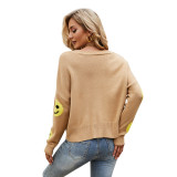 Women Emoji Smiling Face Knitted Cardigan with Buttons Sweater