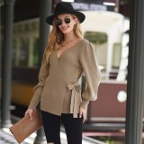 Women Lace-Up V Neck Sweater Loose Knit Cardigan