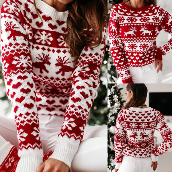 Women Christmas Elk Knitted Pullover Sweater Tops