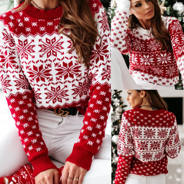 Women Ugly Christmas Snowflakes Hearts Knitted Pullover Sweater Tops
