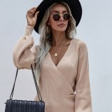 Women Crossover V Neck Solid Color Sweater Loose Sweater