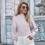 Women Solid Color Sweater Crew High Collar Pullover Sweater