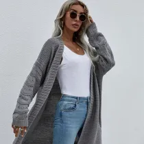 Women Pure Color Medium Length Hollowed Out Knit Cardigan