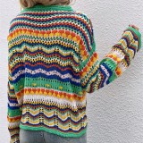 Women Colorful Blocked Knitted Hollow Out Sweater