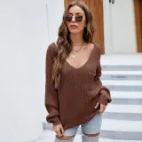 Women V Neck Pure Color Loose Knitted Pullover Sweater
