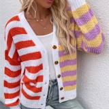Women Striped Knit Single-Breasted Cardigan Sweater
