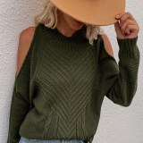 Women Pure Color Off Shoulder Knit Long-Sleeved Thick Needle Round Neck Sweater