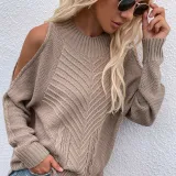 Women Pure Color Off Shoulder Knit Long-Sleeved Thick Needle Round Neck Sweater