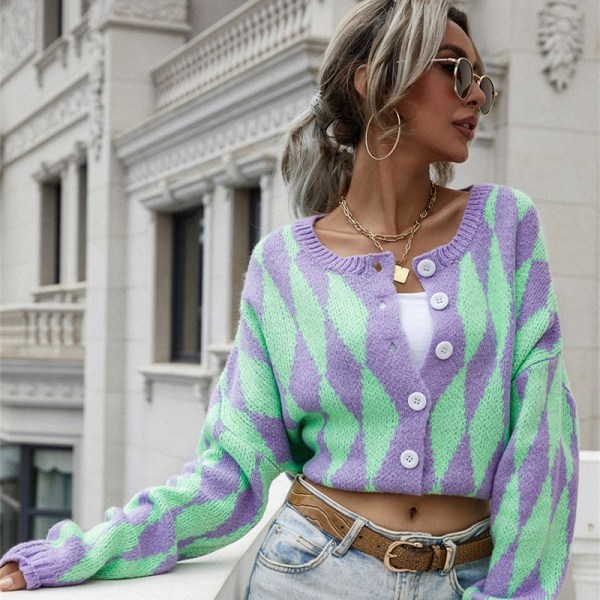 Women Single-Breasted Printed Round Neck Knitted Cardigan Sweater