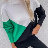 Women Stitching Knitted Pullover Check Loose Sweater